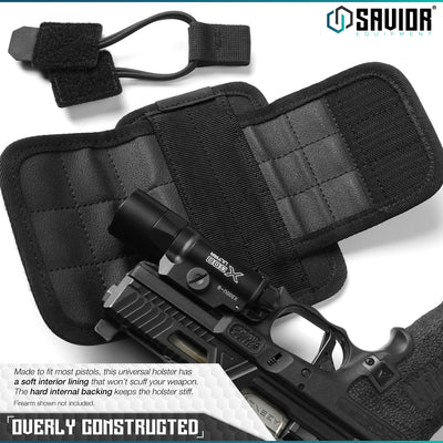 Overly Constructed - Made to fit most pistols, this universal holster has a soft interior lining so it won’t scuff your weapon. The hard internal backing keeps the holster stiff. Firearms shown not included.