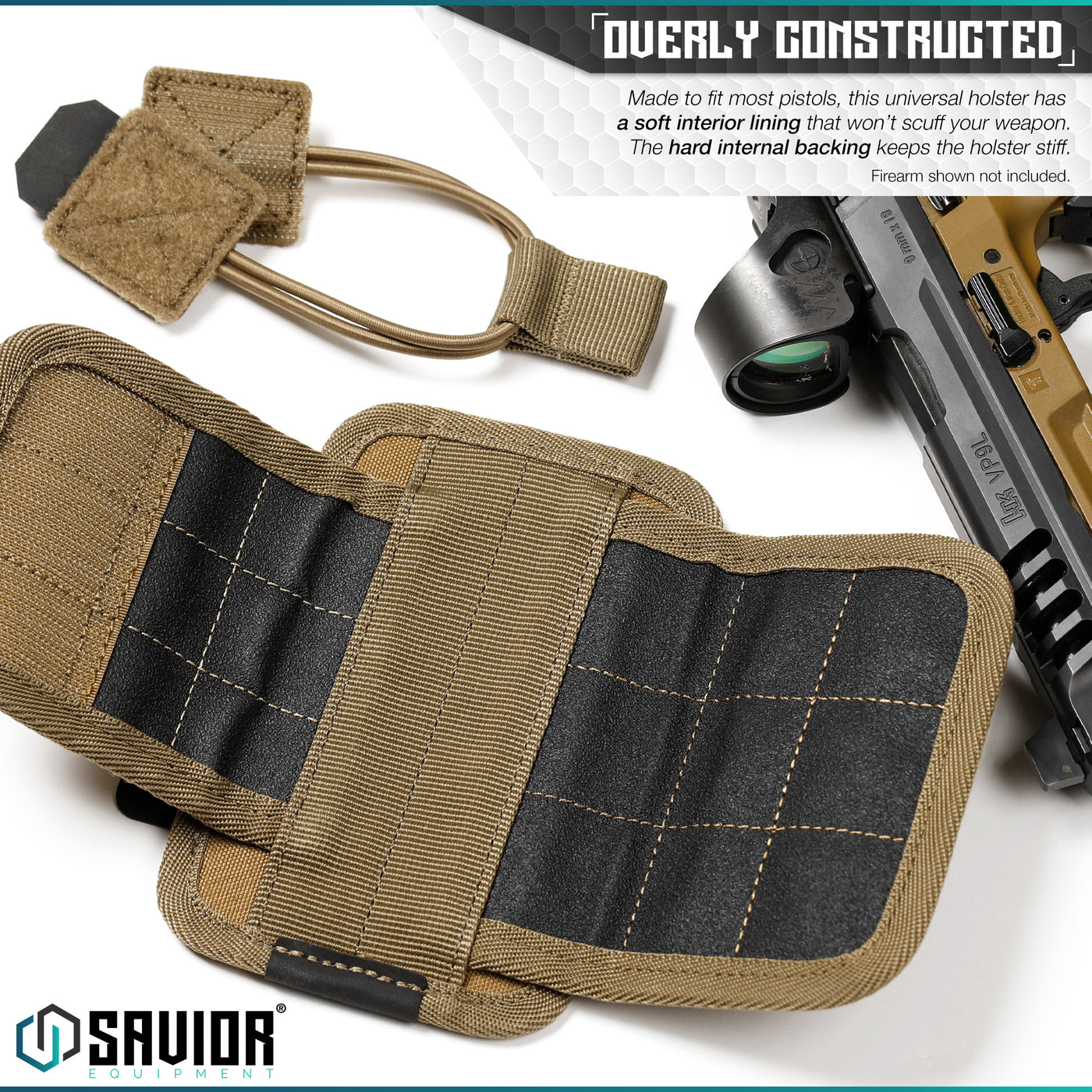 Overly Constructed - Made to fit most pistols, this universal holster has a soft interior lining so it won’t scuff your weapon. The hard internal backing keeps the holster stiff. Firearms shown not included.