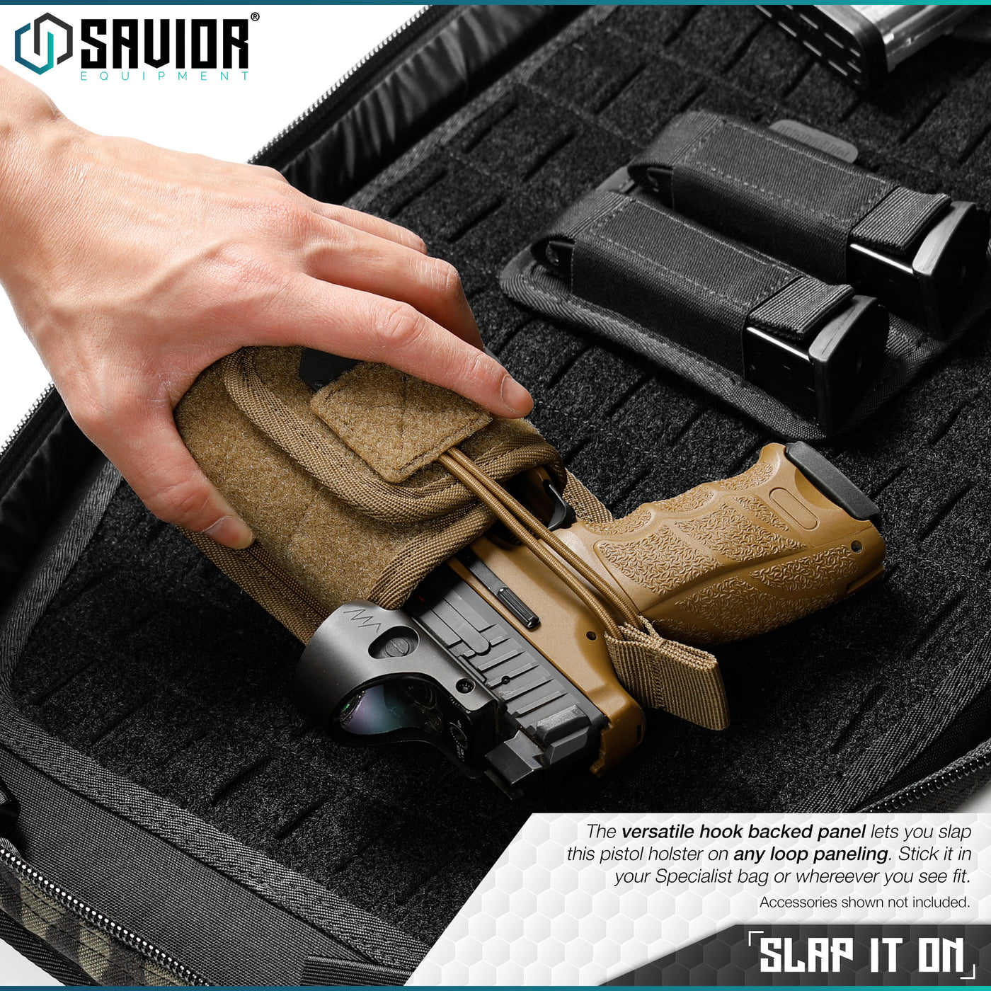 Slap it on - The versatile hook backed panel lets you slap this pistol holster on any loop paneling. Stick it in your Specialist bag or even on your go-to plate carrier. Accessories shown not included.