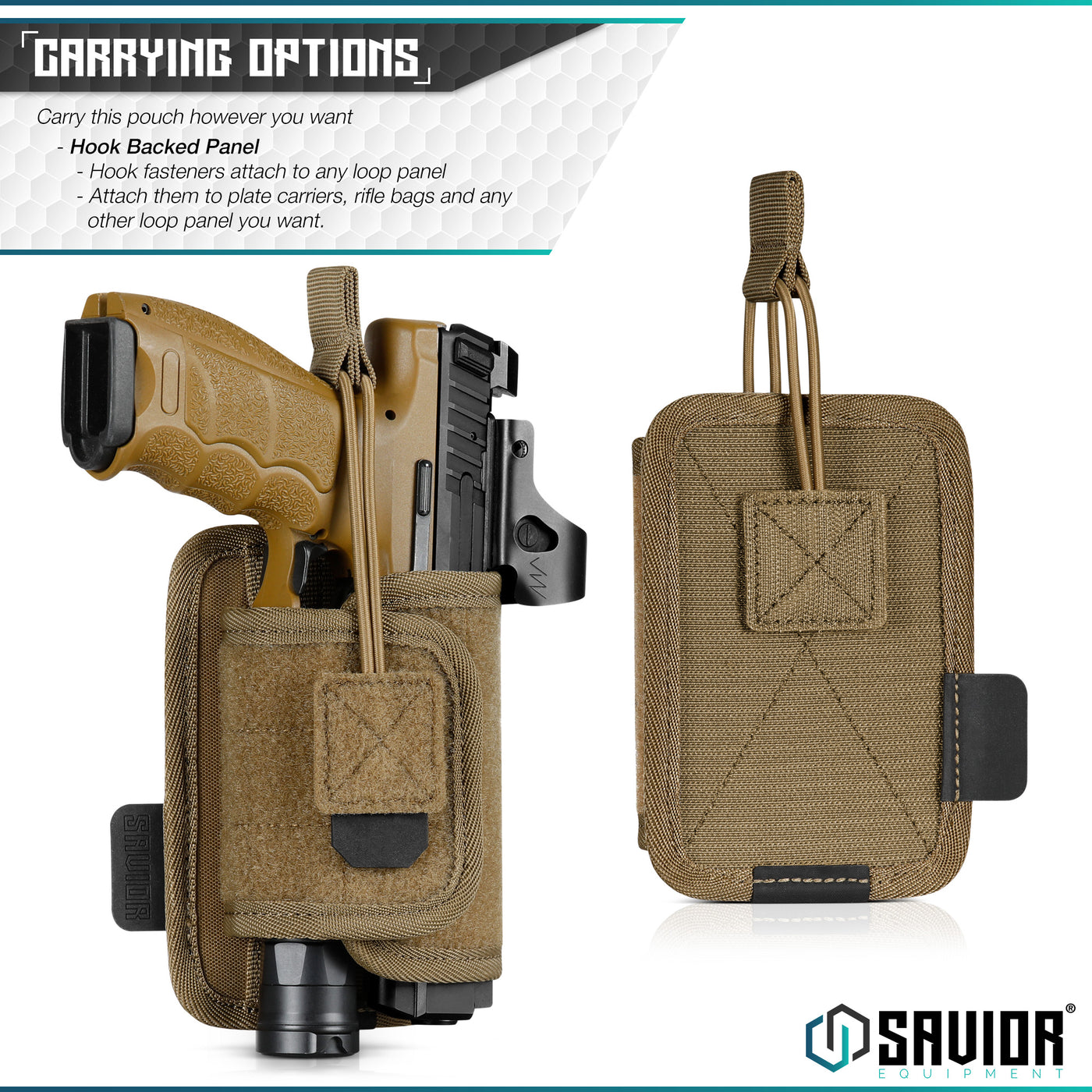 Multiple Carrying Options - Carry this holster however you want. Hook backed panel. Hook fasteners atach to any loop panel. Attach them to plate carriers, rifle bags and any other loop panel you want.