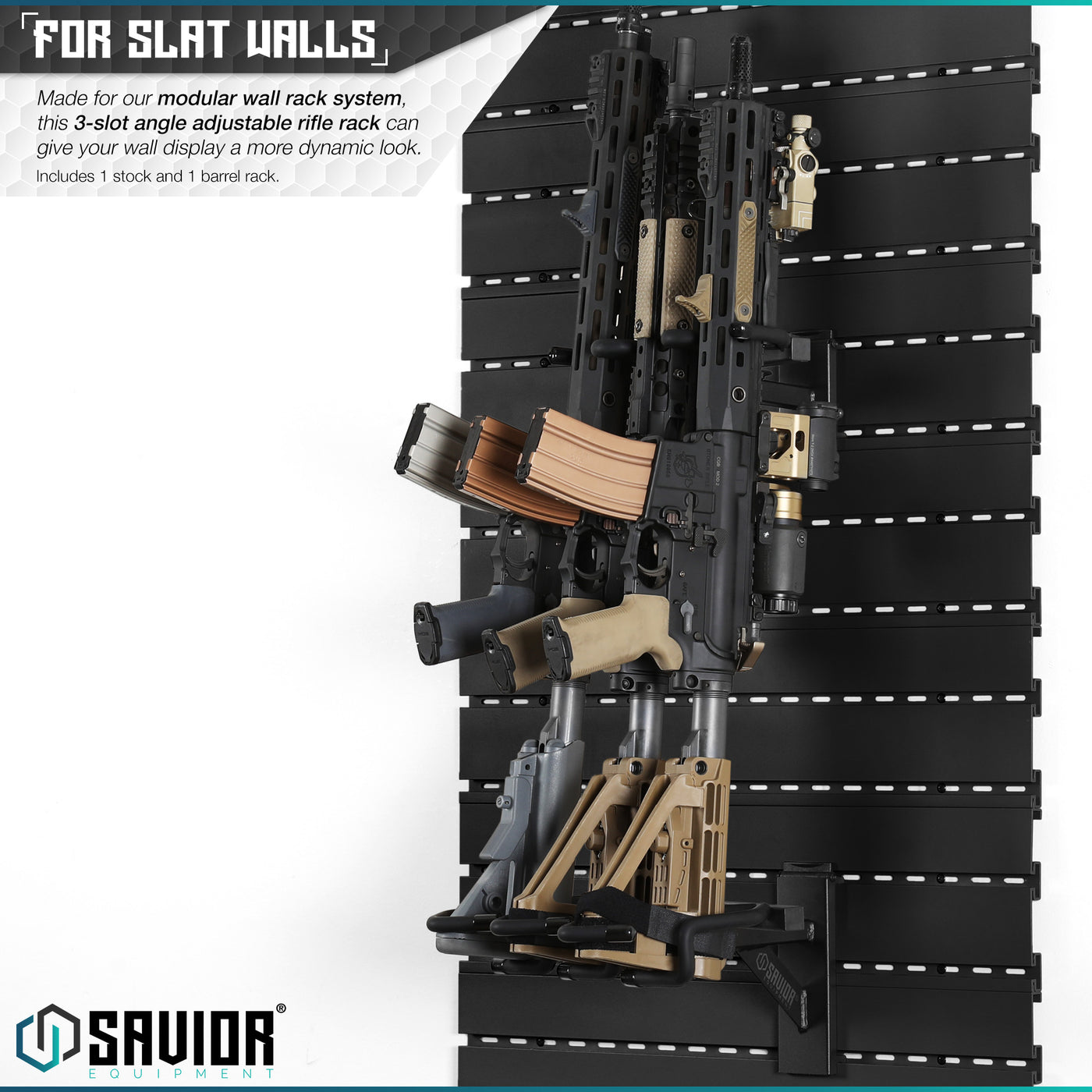 For Slat Walls - Made for our modular wall rack system, this 3-slot angle adjustable rifle rack can give your wall display a more dynamic look. Includes 1 stock and 1 barrel rack.
