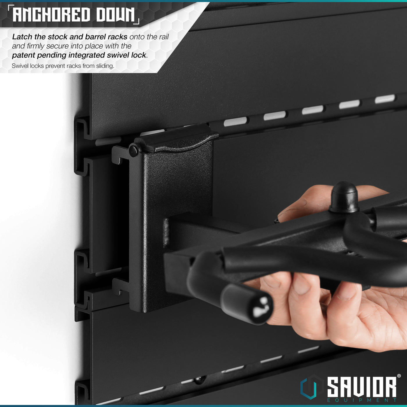 Anchored Down - Latch the stock and barrel rack onto the rail and firmly secure into place with the patent pending integrated swivel lock. Swivel locks prevent racks from sliding.