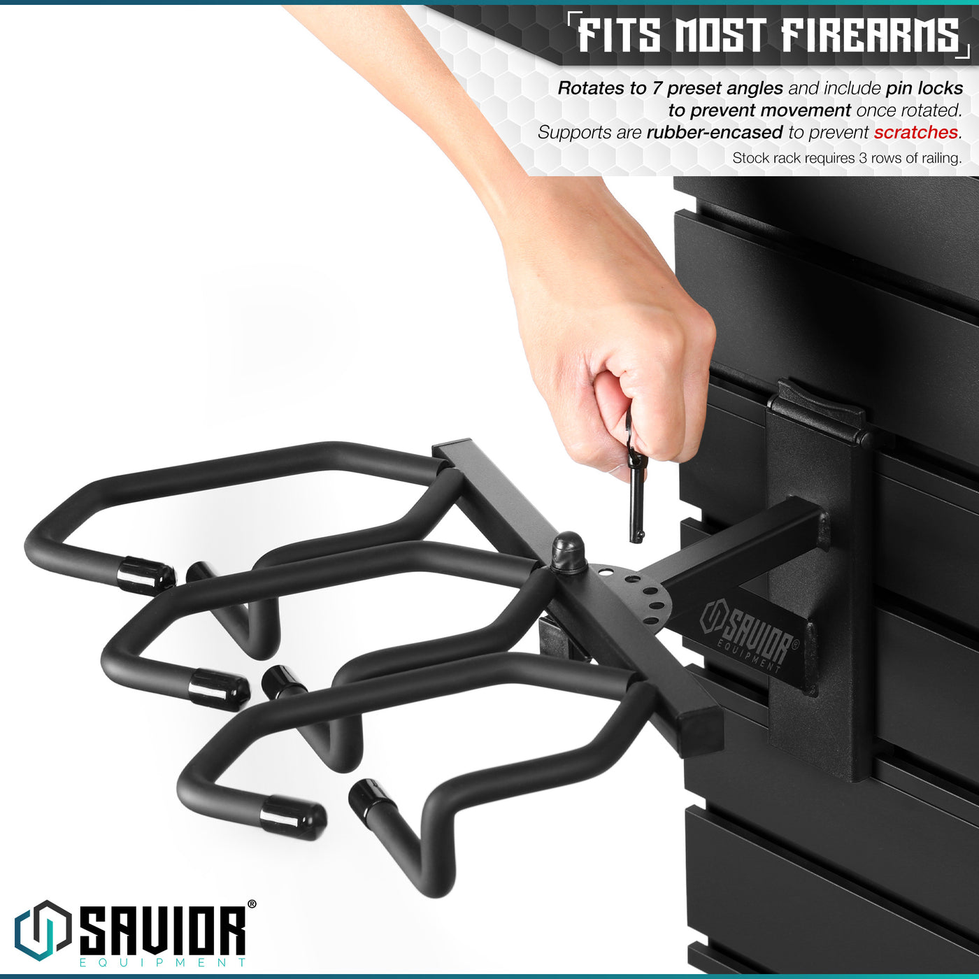 Fits Most Firearms - Rotates to 7 preset angles and include pin locks to prevent movement once rotated. Supports are rubber-encased to prevent scratches. Stock rack requires 3 rows of railing.