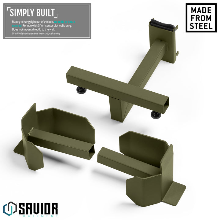 Simply Built - Ready to hand right out of the box, no tools or setup needed. For use with 3" on-center slat walls only. Does not mount directly to the wall.#color_od-green