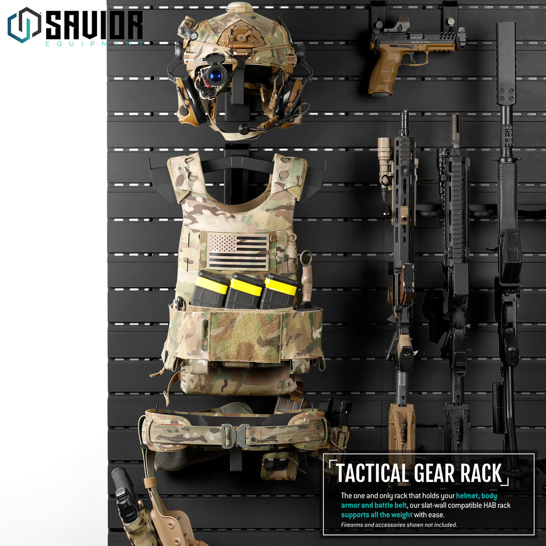 Tactical Gear Rack - The one and only rack that holds your helmet, body armor and battle belt, our slat-wall compatible HAB rack supports all the weight with ease.#color_obsidian-black