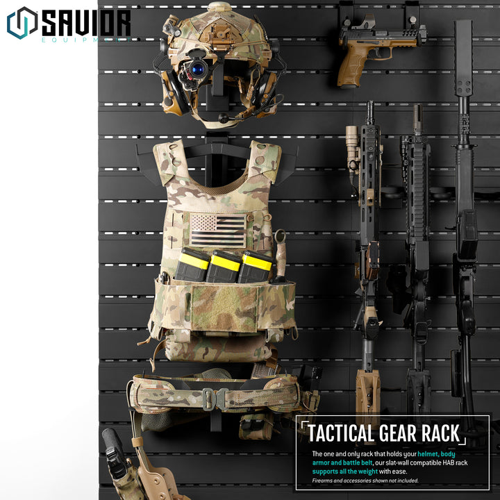 Tactical Gear Rack - The one and only rack that holds your helmet, body armor and battle belt, our slat-wall compatible HAB rack supports all the weight with ease.#color_obsidian-black