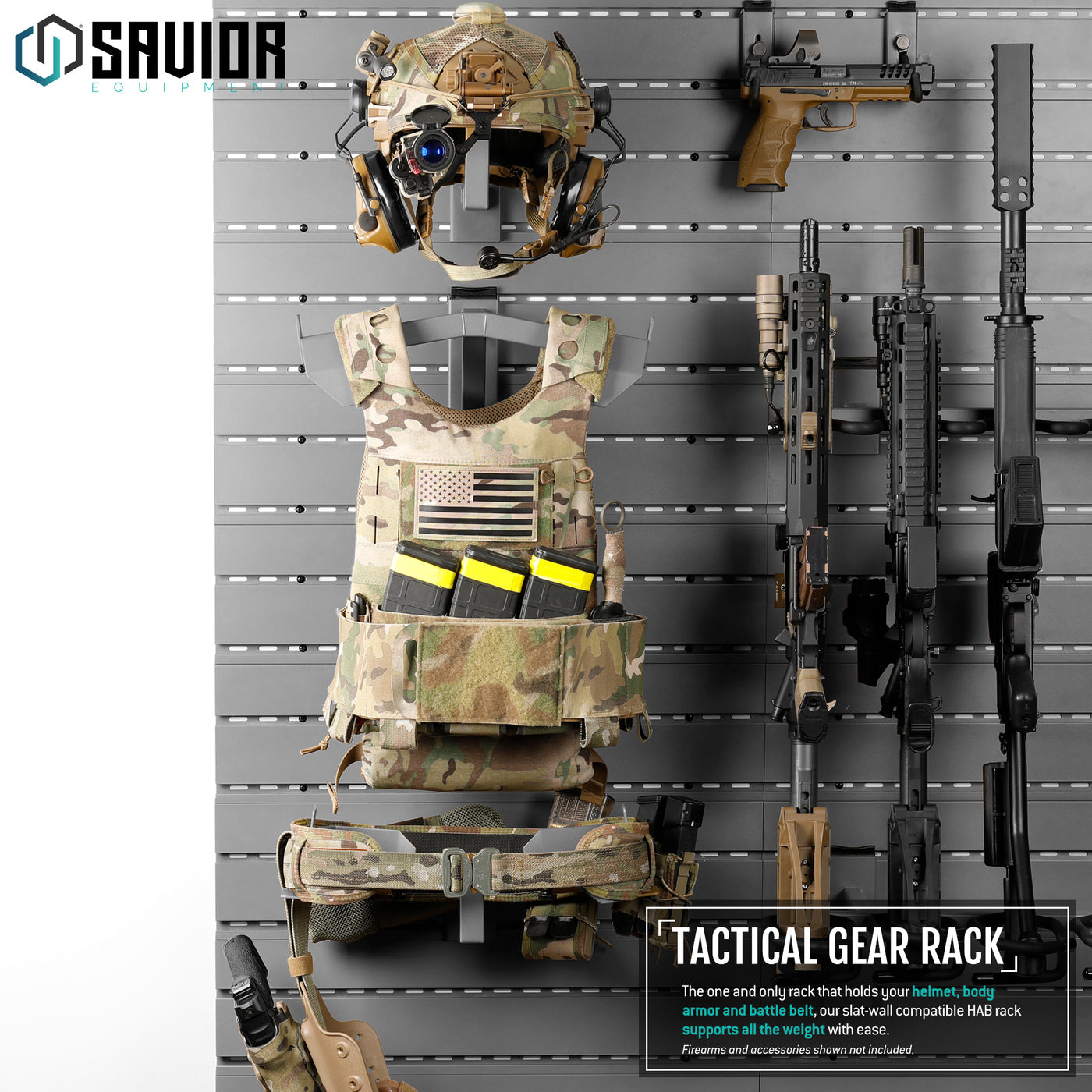 Tactical Gear Rack - The one and only rack that holds your helmet, body armor and battle belt, our slat-wall compatible HAB rack supports all the weight with ease.