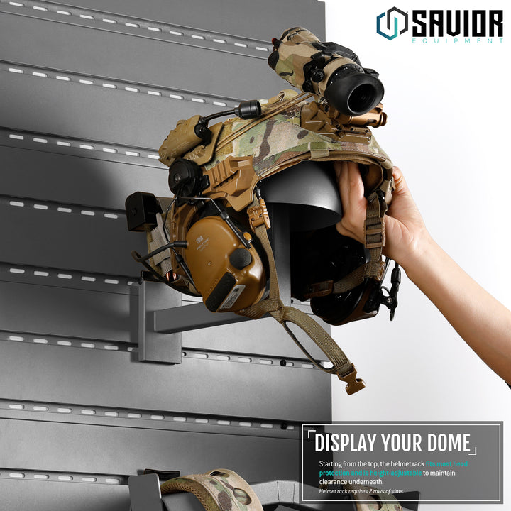 Display Your Dome - Starting from the top, the helmet rack fits most head protection and is height-adjustable to maintain clearance underneath.#color_sw-gray