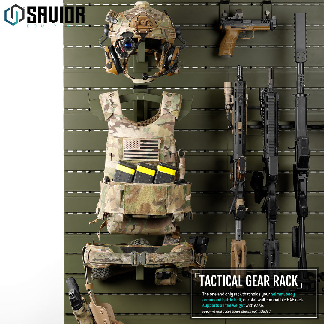 Tactical Gear Rack - The one and only rack that holds your helmet, body armor and battle belt, our slat-wall compatible HAB rack supports all the weight with ease.#color_od-green