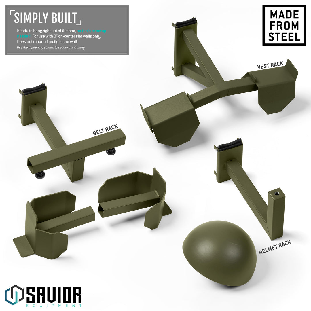 Simply Built - Ready to hand right out of the box, no tools or setup needed. For use with 3" on-center slat walls only. Does not mount directly to the wall.#color_od-green