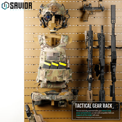 Tactical Gear Rack - The one and only rack that holds your helmet, body armor and battle belt, our slat-wall compatible HAB rack supports all the weight with ease.#color_ral-8000-tan