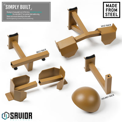 Simply Built - Ready to hand right out of the box, no tools or setup needed. For use with 3" on-center slat walls only. Does not mount directly to the wall.#color_ral-8000-tan
