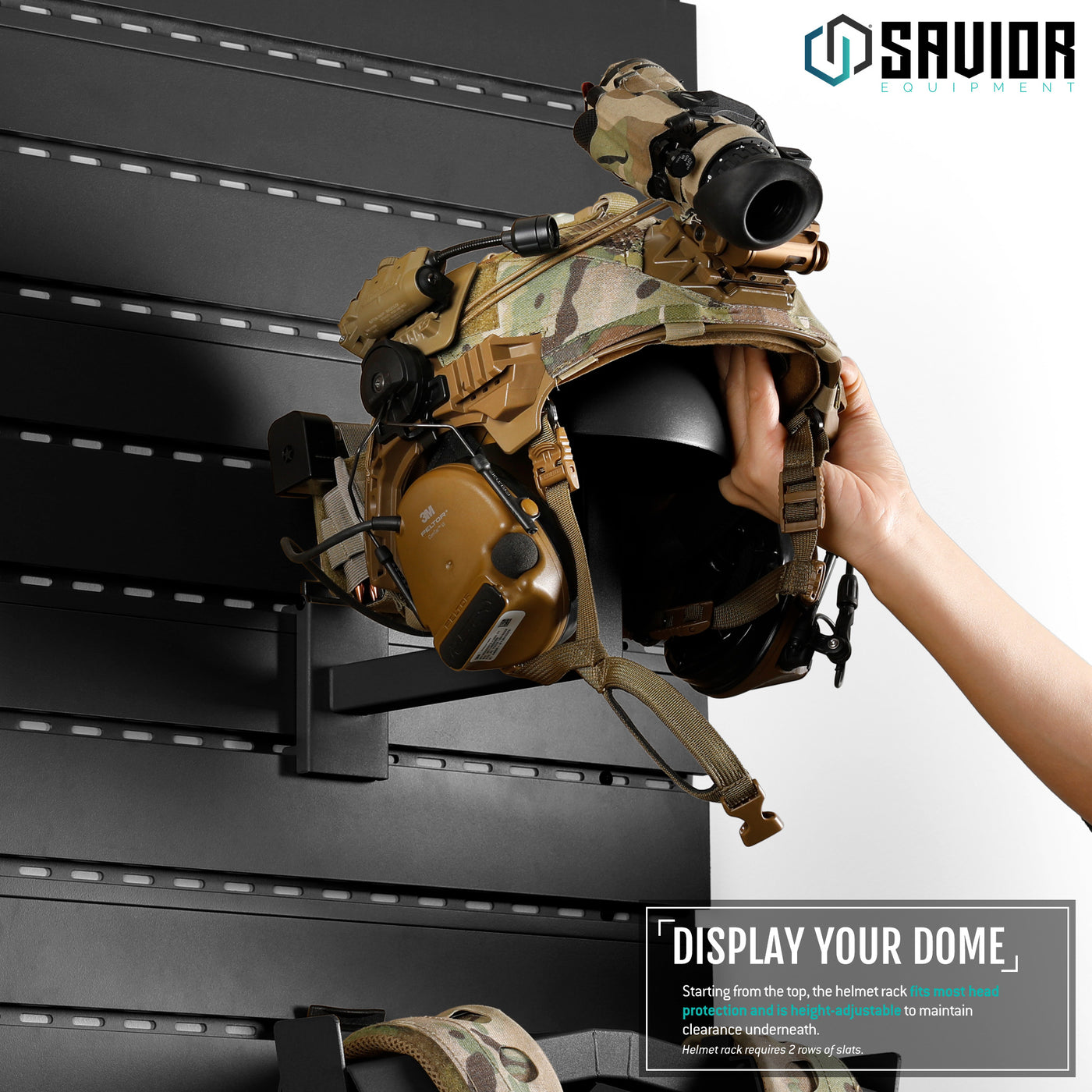 Display Your Dome - Starting from the top, the helmet rack fits most head protection and is height-adjustable to maintain clearance underneath.#color_obsidian-black