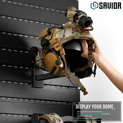 Display Your Dome - Starting from the top, the helmet rack fits most head protection and is height-adjustable to maintain clearance underneath.#color_obsidian-black
