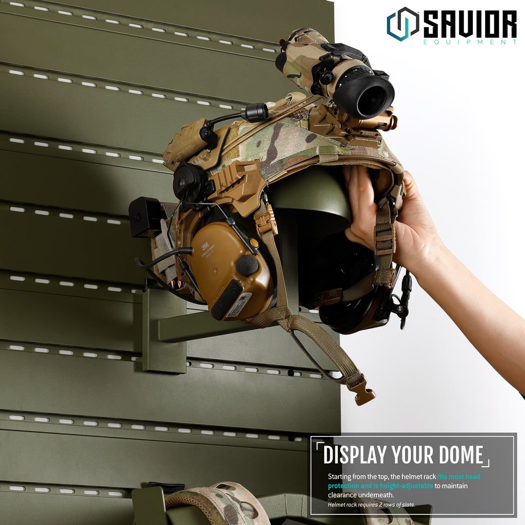 Display Your Dome - Starting from the top, the helmet rack fits most head protection and is height-adjustable to maintain clearance underneath.#color_od-green