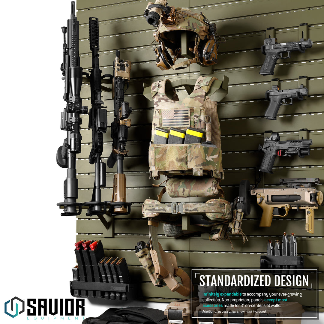 Standardized Design - Infinitely expandable to accompany your ever-growing collection. Non-proprietary panels accept most accessories made for 3" on center slat walls.#color_od-green