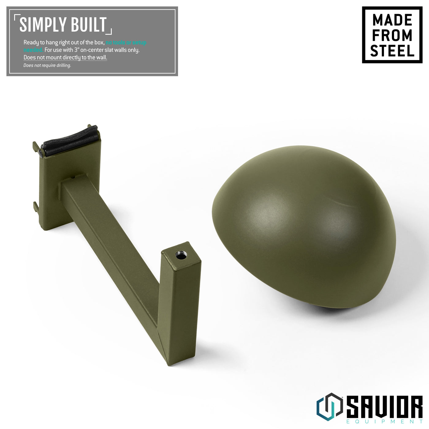 Simply Built - Ready to hand right out of the box, no tools or setup needed. For use with 3" on-center slat walls only. Does not mount directly to the wall.#color_od-green