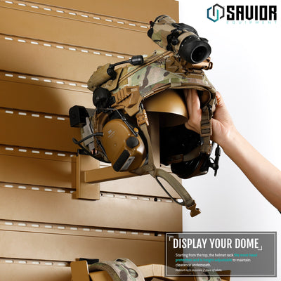 Display Your Dome - Starting from the top, the helmet rack fits most head protection and is height-adjustable to maintain clearance underneath.#color_ral-8000-tan