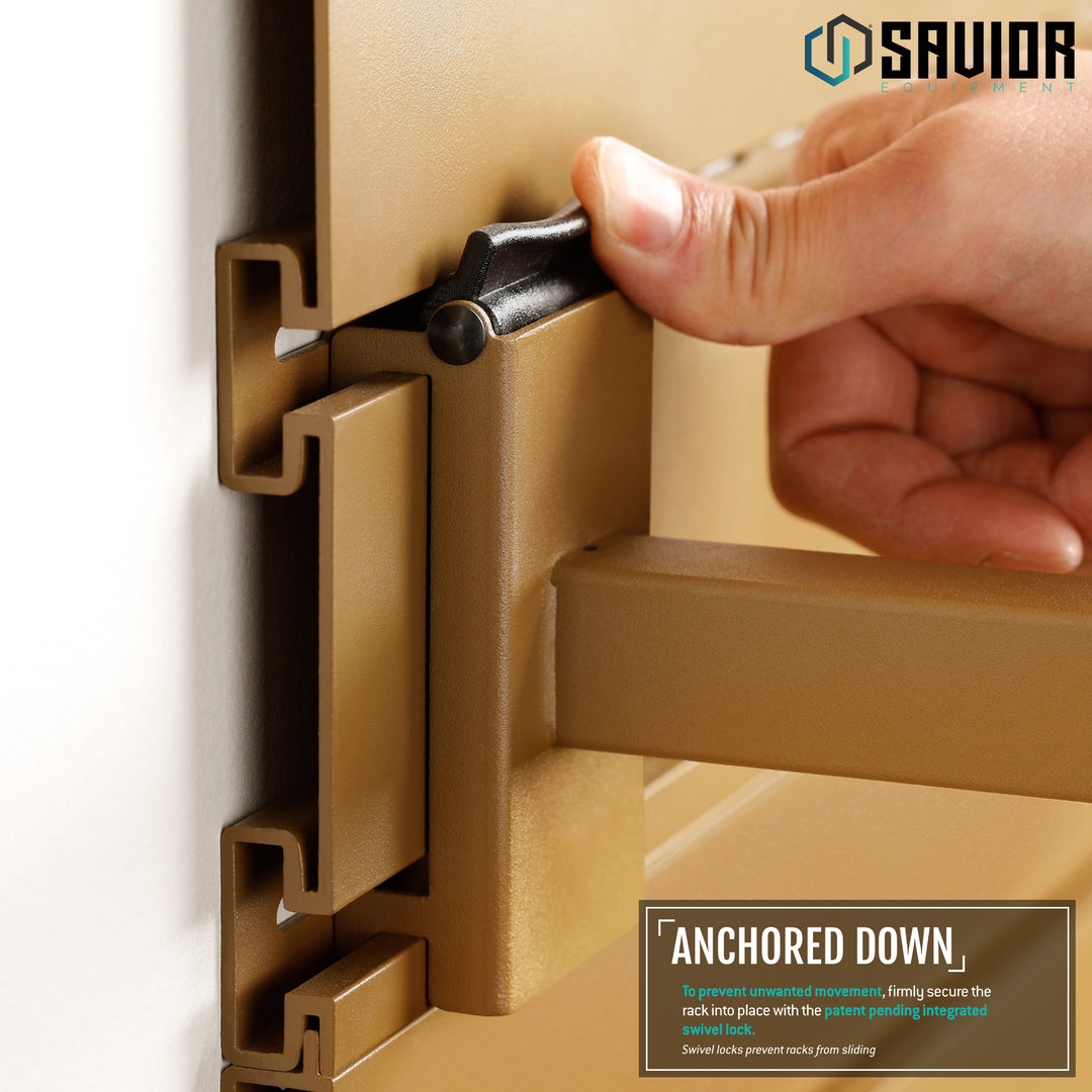 Anchored Down - To prevent unwanted movement, firemly secure the rack into place with the paten pending integrated swivel lock.#color_ral-8000-tan