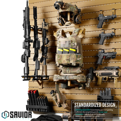 Standardized Design - Infinitely expandable to accompany your ever-growing collection. Non-proprietary panels accept most accessories made for 3" on center slat walls.#color_ral-8000-tan