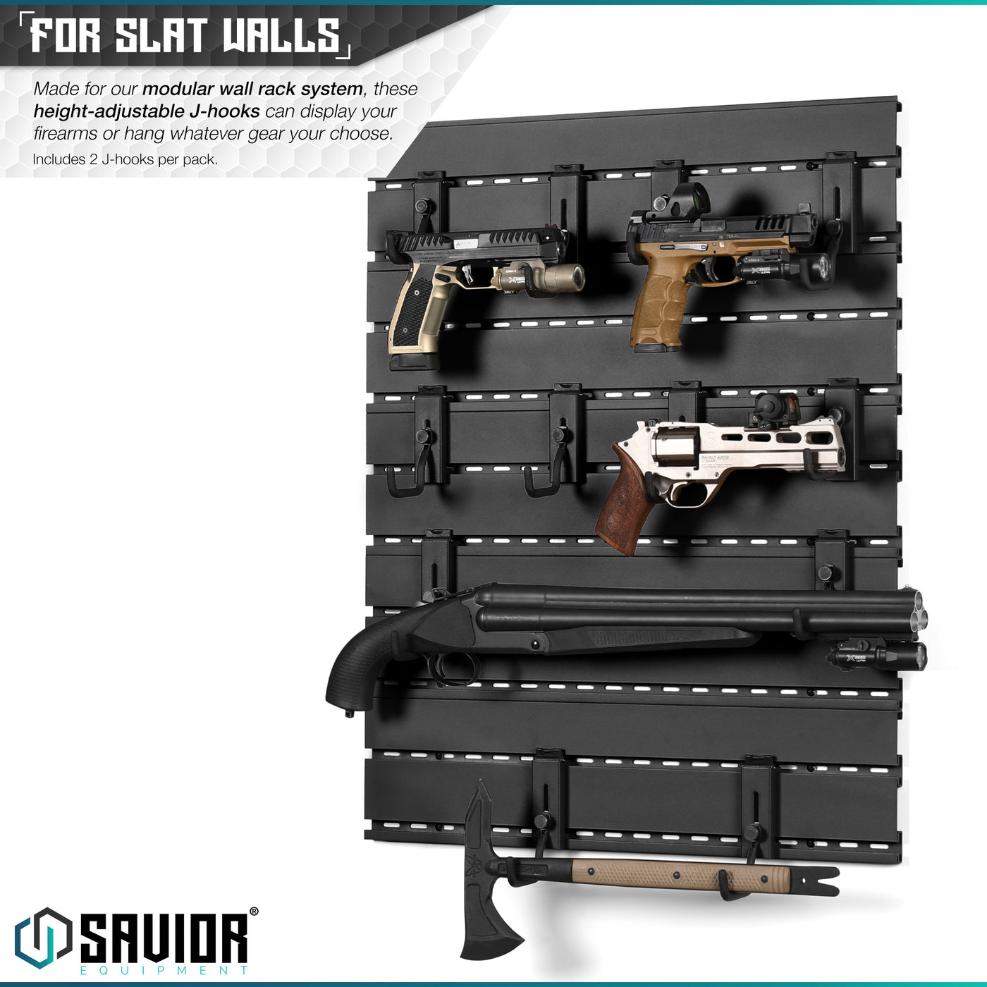 For Slat Walls - Made for our modular wall rack system, these height-adjustable J-hooks can display your firearms horizontally or hang whatever gear your choose. Includes 2 J-hooks per pack.