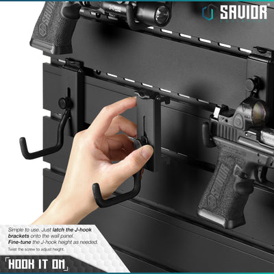 Hook it on - Simple to use. Just latch the J-hook brackets onto the wall panel. Fine-tune the J-hook height as needed. Twist the screw to adjust height.#color_obsidian-black