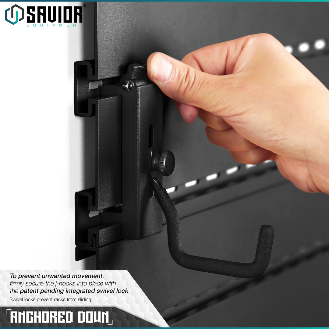 Anchored Down - To prevent unwanted movement, firmly secure the j-hooks into place with the patent pending integrated swivel lock. Swivel locks prevent racks from sliding.#color_obsidian-black
