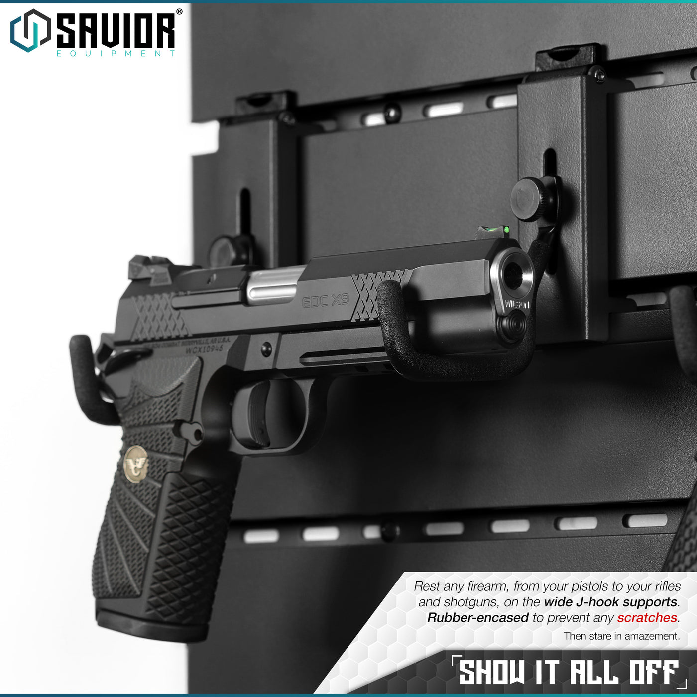 Show it all off - Rest any firearm, from your pistols to your rifles and shotguns, on the wide J-hook supports. Rubber-encased to prevent any scratches. Then stare in amazement.#color_obsidian-black