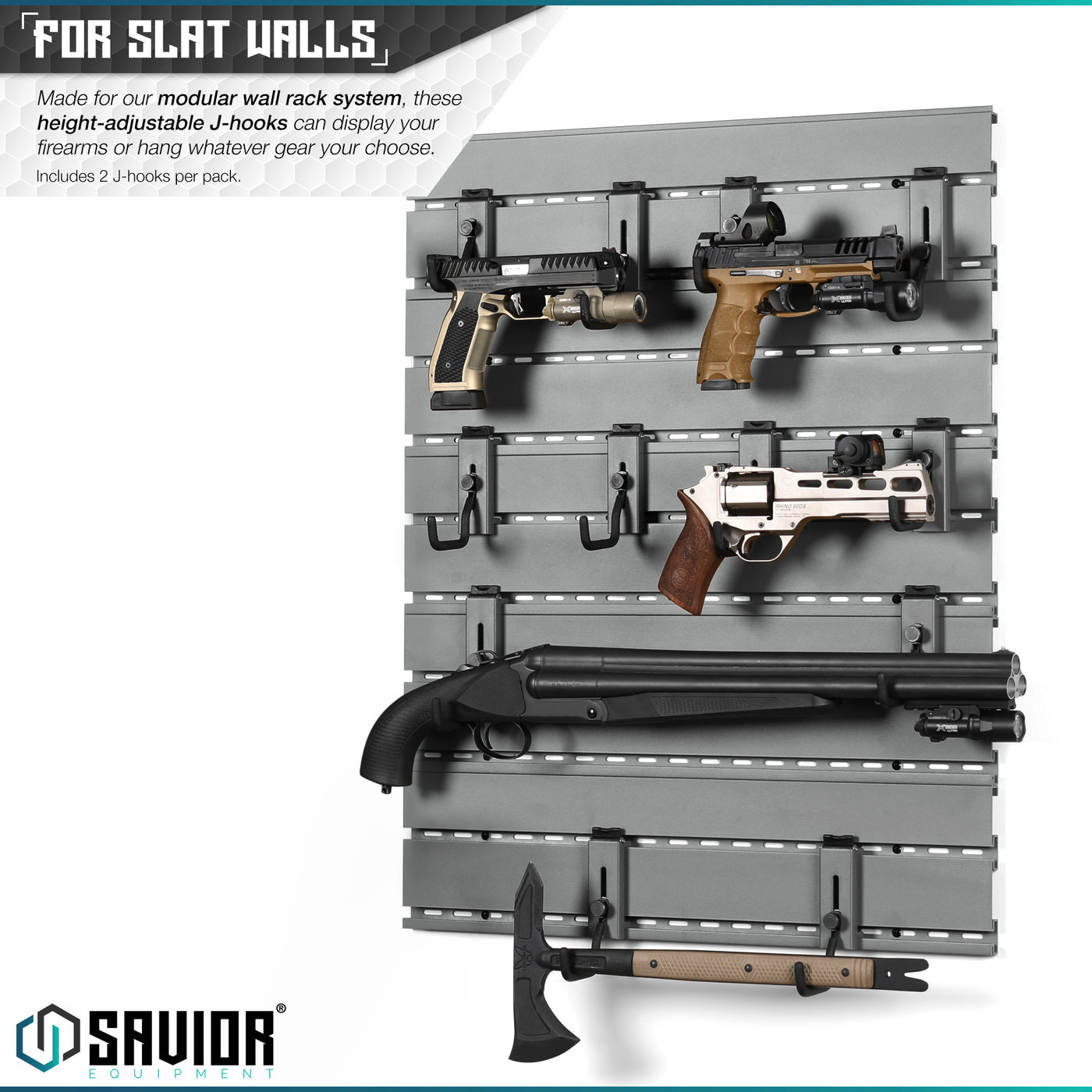 For Slat Walls - Made for our modular wall rack system, these height-adjustable J-hooks can display your firearms horizontally or hang whatever gear your choose. Includes 2 J-hooks per pack.