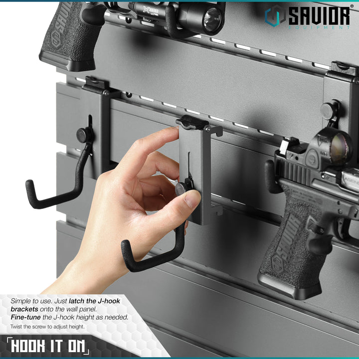 Hook it on - Simple to use. Just latch the J-hook brackets onto the wall panel. Fine-tune the J-hook height as needed. Twist the screw to adjust height.#color_sw-gray