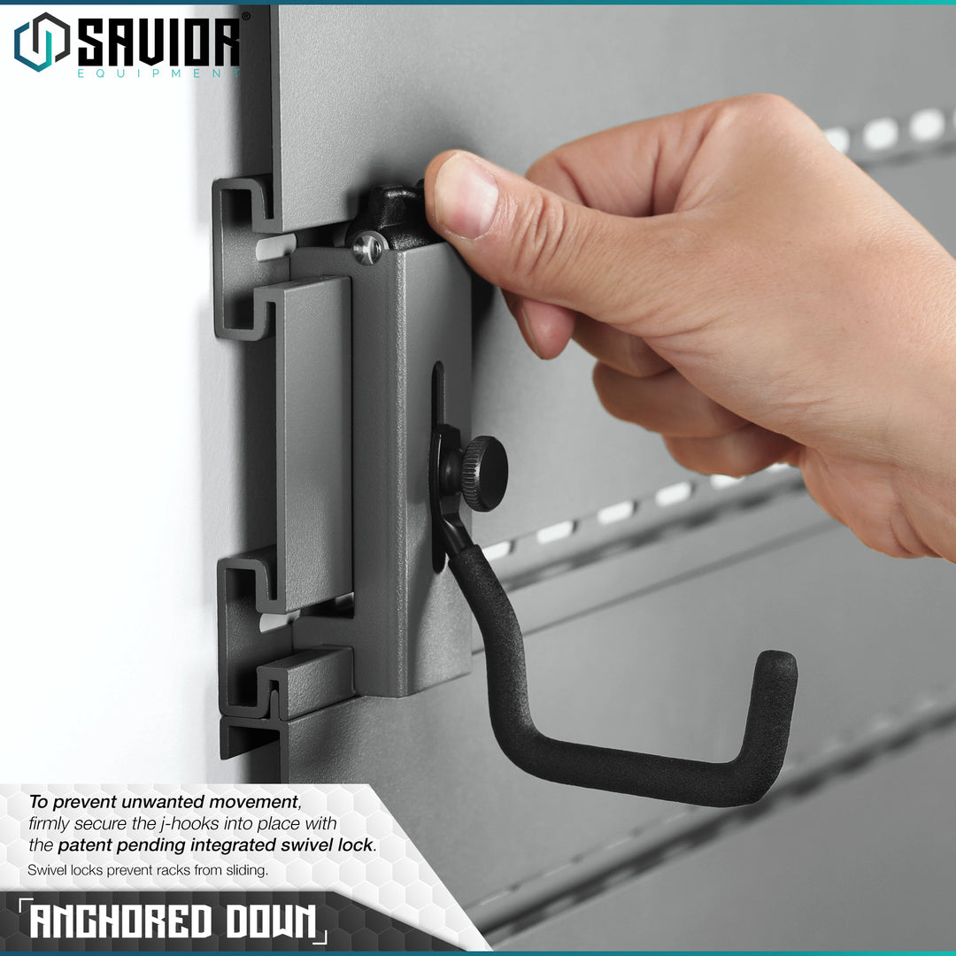 Anchored Down - To prevent unwanted movement, firmly secure the j-hooks into place with the patent pending integrated swivel lock. Swivel locks prevent racks from sliding.#color_sw-gray