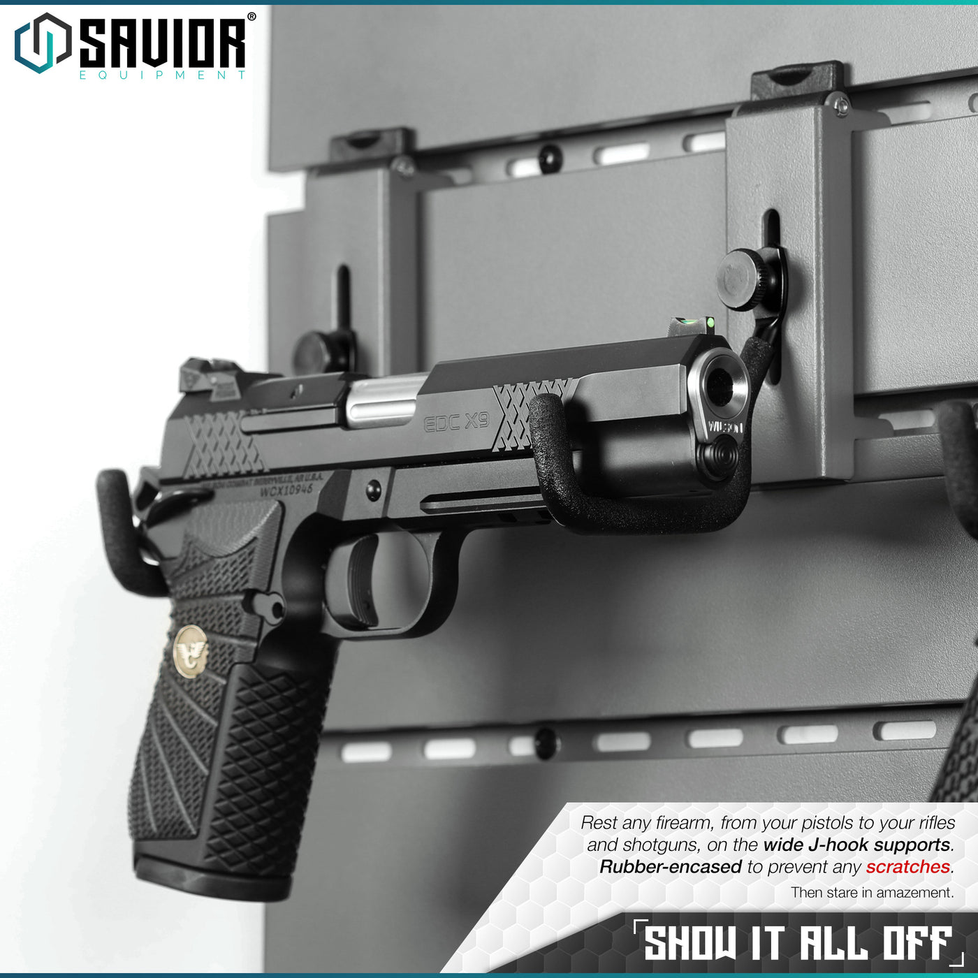 Show it all off - Rest any firearm, from your pistols to your rifles and shotguns, on the wide J-hook supports. Rubber-encased to prevent any scratches. Then stare in amazement.#color_sw-gray