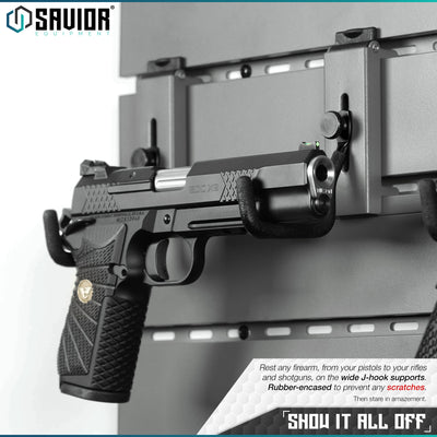 Show it all off - Rest any firearm, from your pistols to your rifles and shotguns, on the wide J-hook supports. Rubber-encased to prevent any scratches. Then stare in amazement.#color_sw-gray