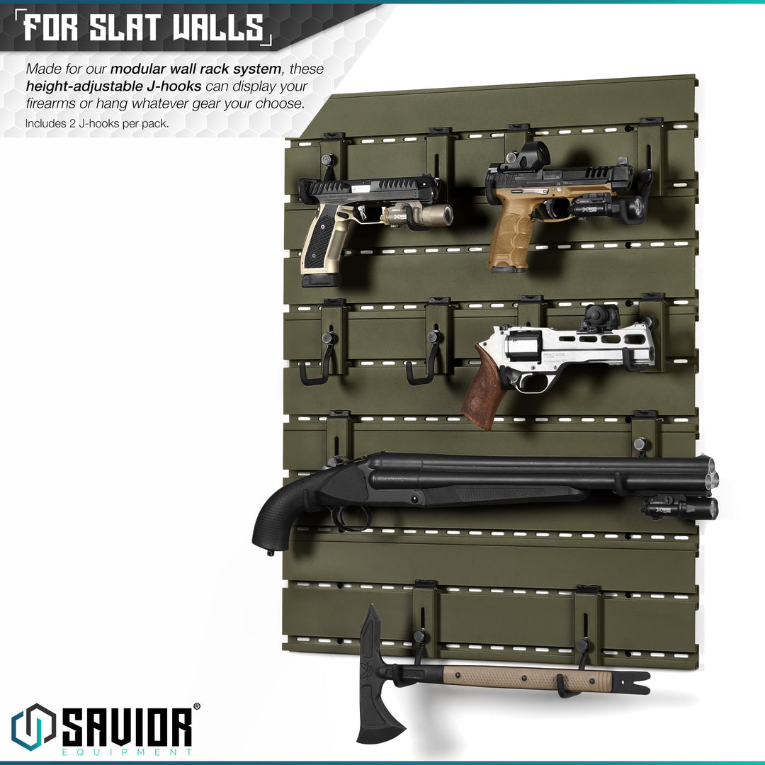 For Slat Walls - Made for our modular wall rack system, these height-adjustable J-hooks can display your firearms horizontally or hang whatever gear your choose. Includes 2 J-hooks per pack.#color_od-green