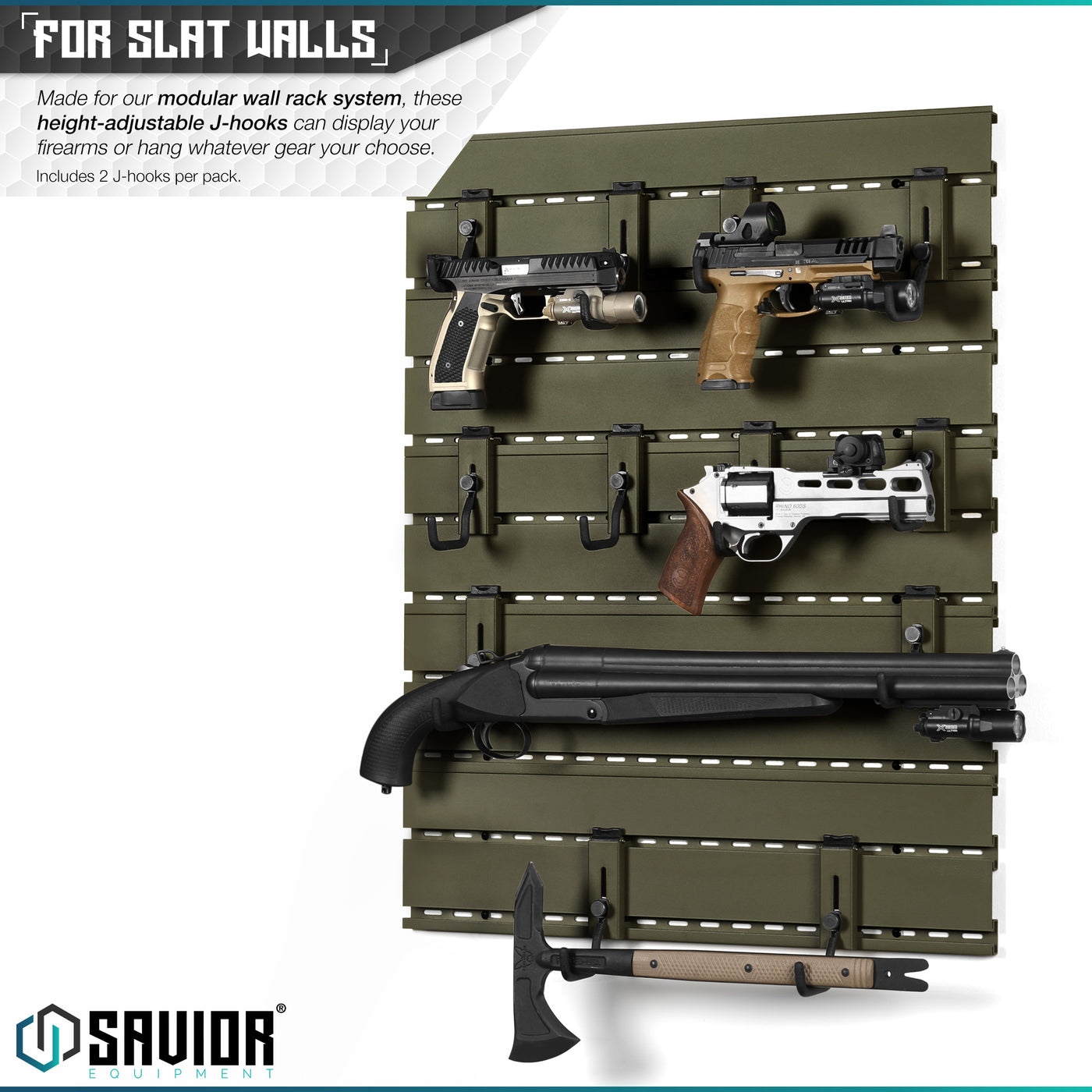 For Slat Walls - Made for our modular wall rack system, these height-adjustable J-hooks can display your firearms horizontally or hang whatever gear your choose. Includes 2 J-hooks per pack.
