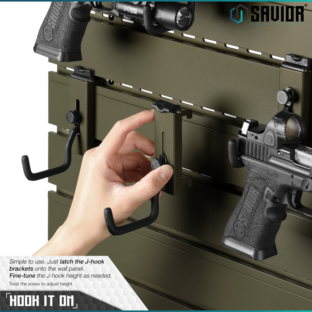 Hook it on - Simple to use. Just latch the J-hook brackets onto the wall panel. Fine-tune the J-hook height as needed. Twist the screw to adjust height.#color_od-green