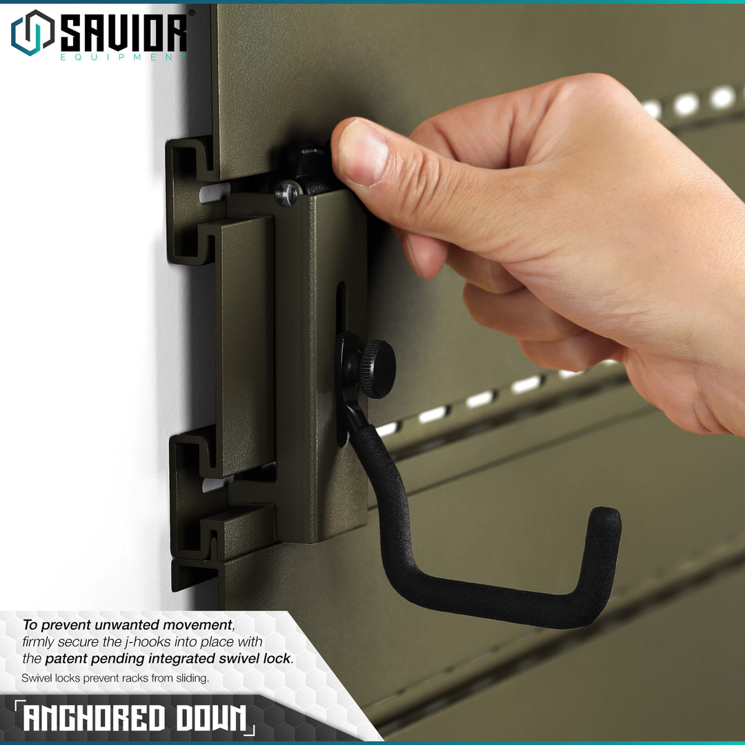 Anchored Down - To prevent unwanted movement, firmly secure the j-hooks into place with the patent pending integrated swivel lock. Swivel locks prevent racks from sliding.#color_od-green