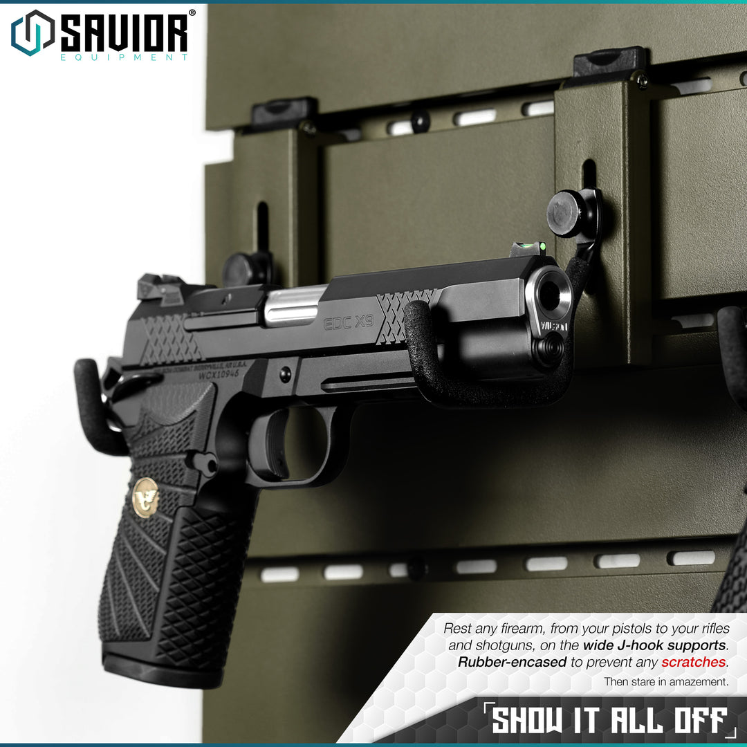 Show it all off - Rest any firearm, from your pistols to your rifles and shotguns, on the wide J-hook supports. Rubber-encased to prevent any scratches. Then stare in amazement.#color_od-green