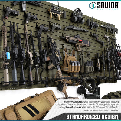 Standardized Design - Display your ever-growing collection of firearms, bows and swords on our wall rack system. Non-proprietary panels accept most accessories made for 3" on-center slat walls. Additional accessories shown not included.