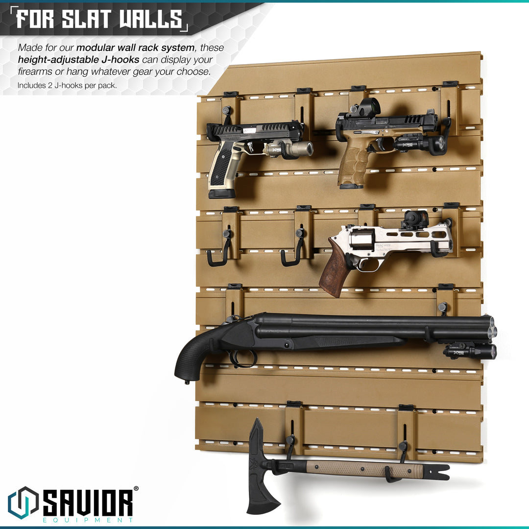 For Slat Walls - Made for our modular wall rack system, these height-adjustable J-hooks can display your firearms horizontally or hang whatever gear your choose. Includes 2 J-hooks per pack.#color_ral-8000-tan