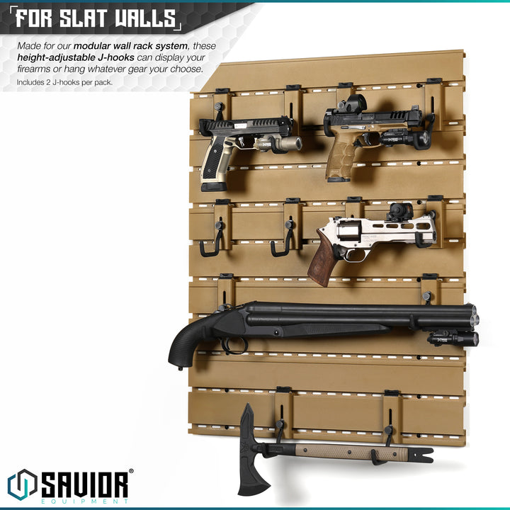 For Slat Walls - Made for our modular wall rack system, these height-adjustable J-hooks can display your firearms horizontally or hang whatever gear your choose. Includes 2 J-hooks per pack.#color_ral-8000-tan