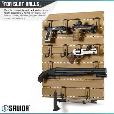 For Slat Walls - Made for our modular wall rack system, these height-adjustable J-hooks can display your firearms horizontally or hang whatever gear your choose. Includes 2 J-hooks per pack.