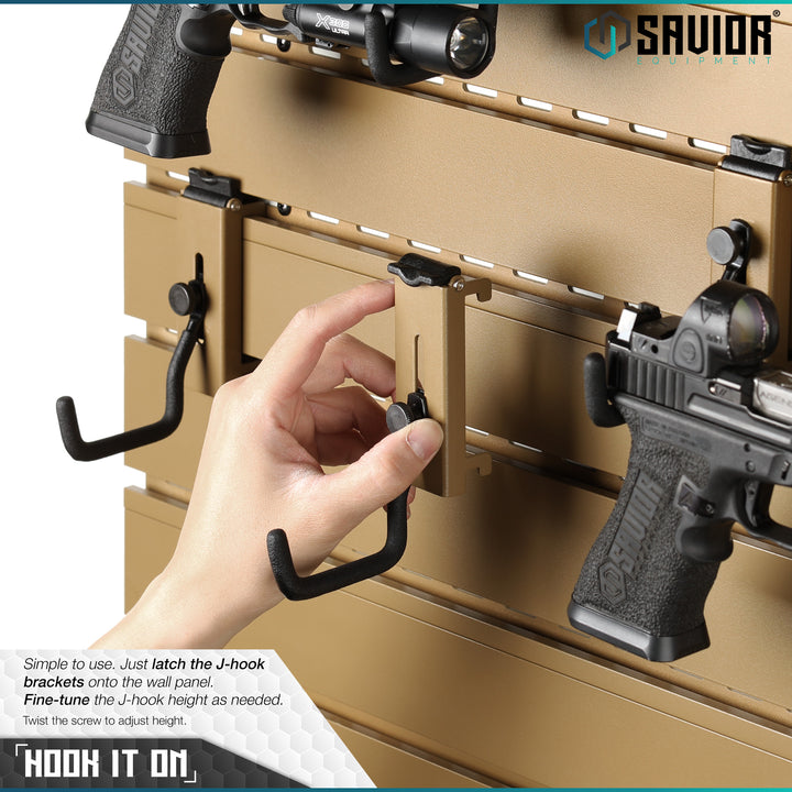 Hook it on - Simple to use. Just latch the J-hook brackets onto the wall panel. Fine-tune the J-hook height as needed. Twist the screw to adjust height.#color_ral-8000-tan