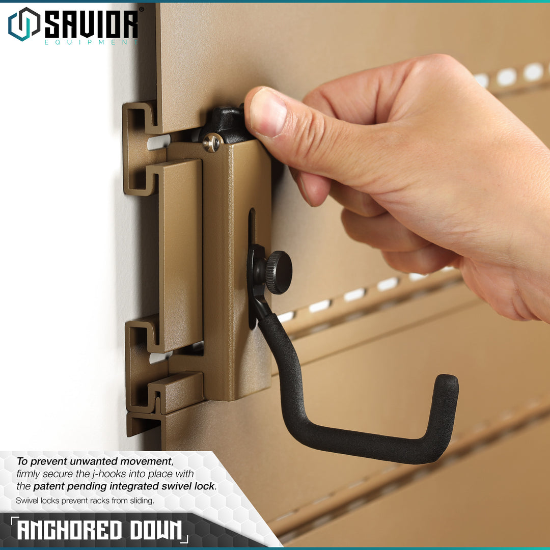 Anchored Down - To prevent unwanted movement, firmly secure the j-hooks into place with the patent pending integrated swivel lock. Swivel locks prevent racks from sliding.#color_ral-8000-tan