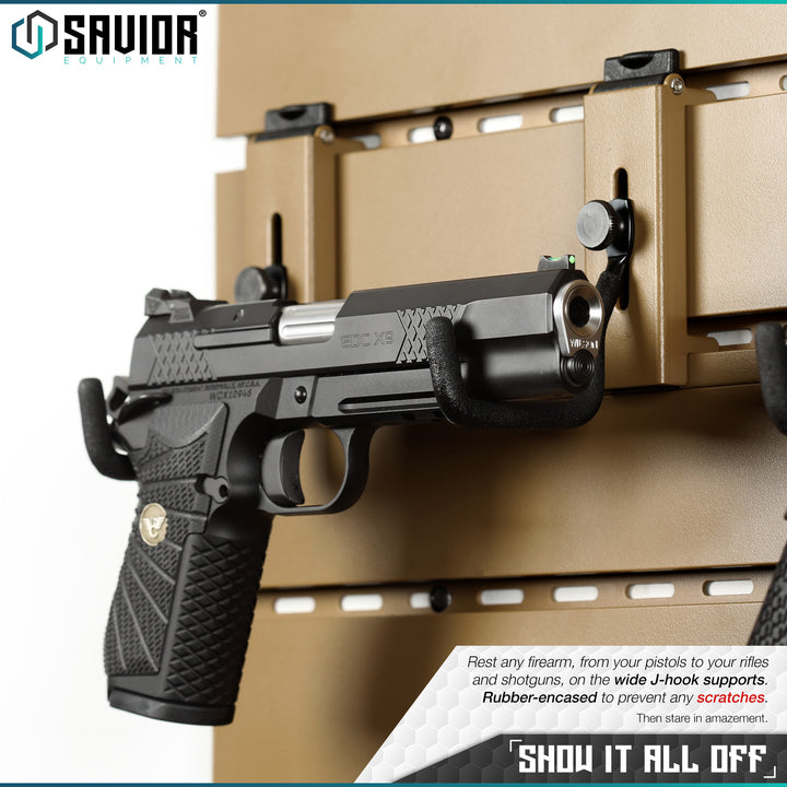 Show it all off - Rest any firearm, from your pistols to your rifles and shotguns, on the wide J-hook supports. Rubber-encased to prevent any scratches. Then stare in amazement.#color_ral-8000-tan