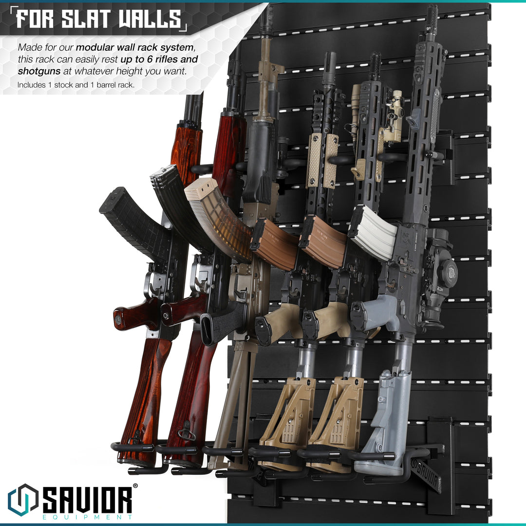 For Slat Walls - Made for our modular wall rack system, this rack can easily rest up to 6 rifles and shotguns at whatever height you want. Includes 1 stock and 1 barrel rack.#color_obsidian-black