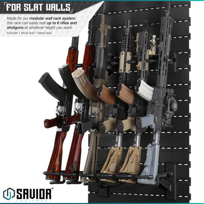 For Slat Walls - Made for our modular wall rack system, this rack can easily rest up to 6 rifles and shotguns at whatever height you want. Includes 1 stock and 1 barrel rack.