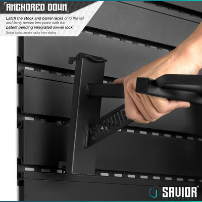 Anchored Down - Latch the stock and barrel rack onto the rail and firmly secure into place with the patent pending integrated swivel lock. Swivel locks prevent racks from sliding.#color_obsidian-black