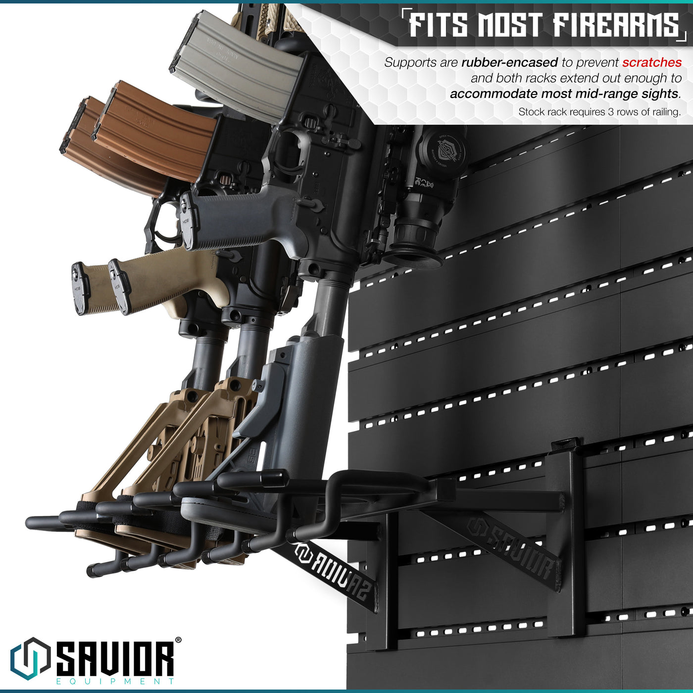 Fits Most Firearms - Supports are rubber-encased to prevent scratches and both racks extend out enough to accomodate most mid-range sights. Stock rack requires 3 rows of railing.