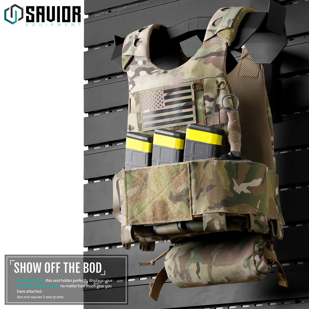 Show Off The Bod - One size fits all, this vest holder perfectly displays your chest rig or plate carrier, no matter how much gear you have attached.#color_obsidian-black